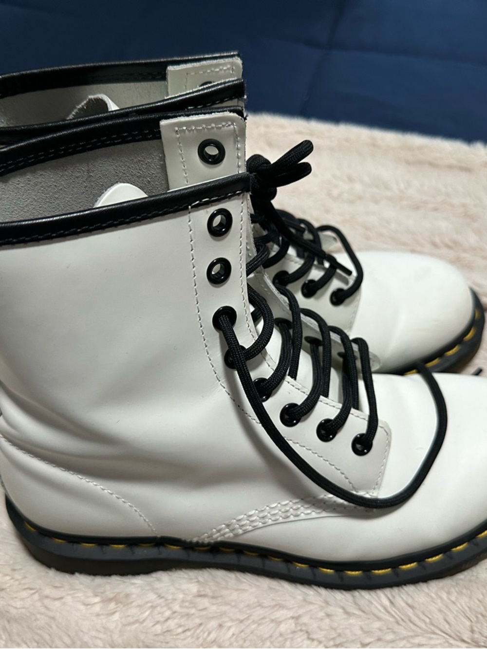 Dr. Martens White Leather 8-Eye Combat Boots with Black Accents